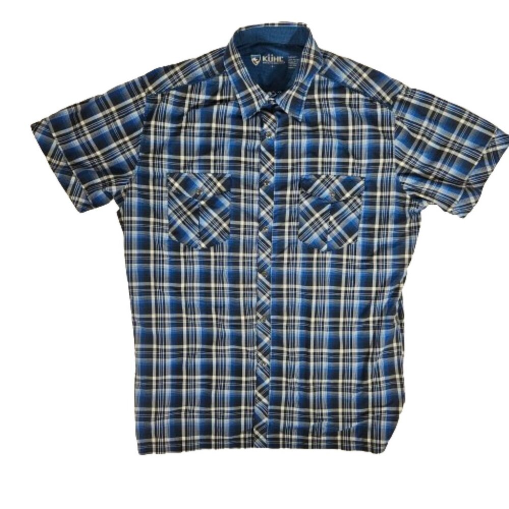 Kuhl Eluxur Blue Plaid Short Sleeve Snap Front Shirt Men's Size Large